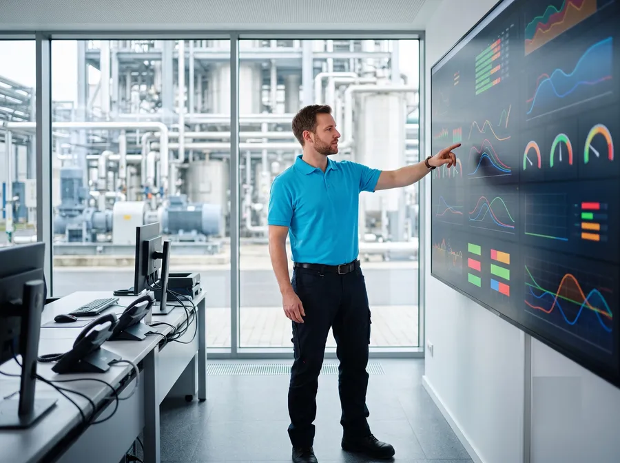 Ingeniero de mantenimiento revisando KPIs en planta industrial