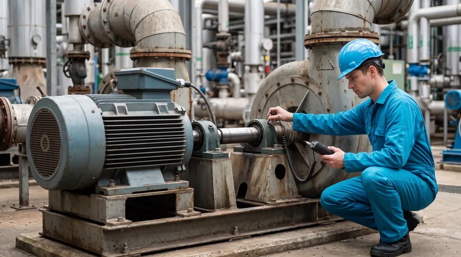 Técnico realizando análisis de vibración en planta industrial