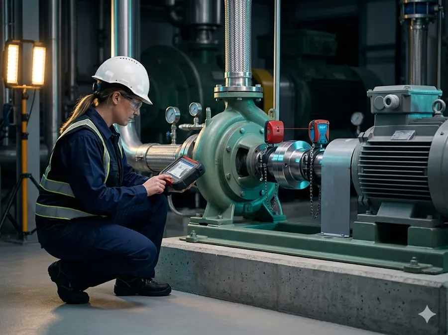 Técnico realizando alineación láser en planta industrial