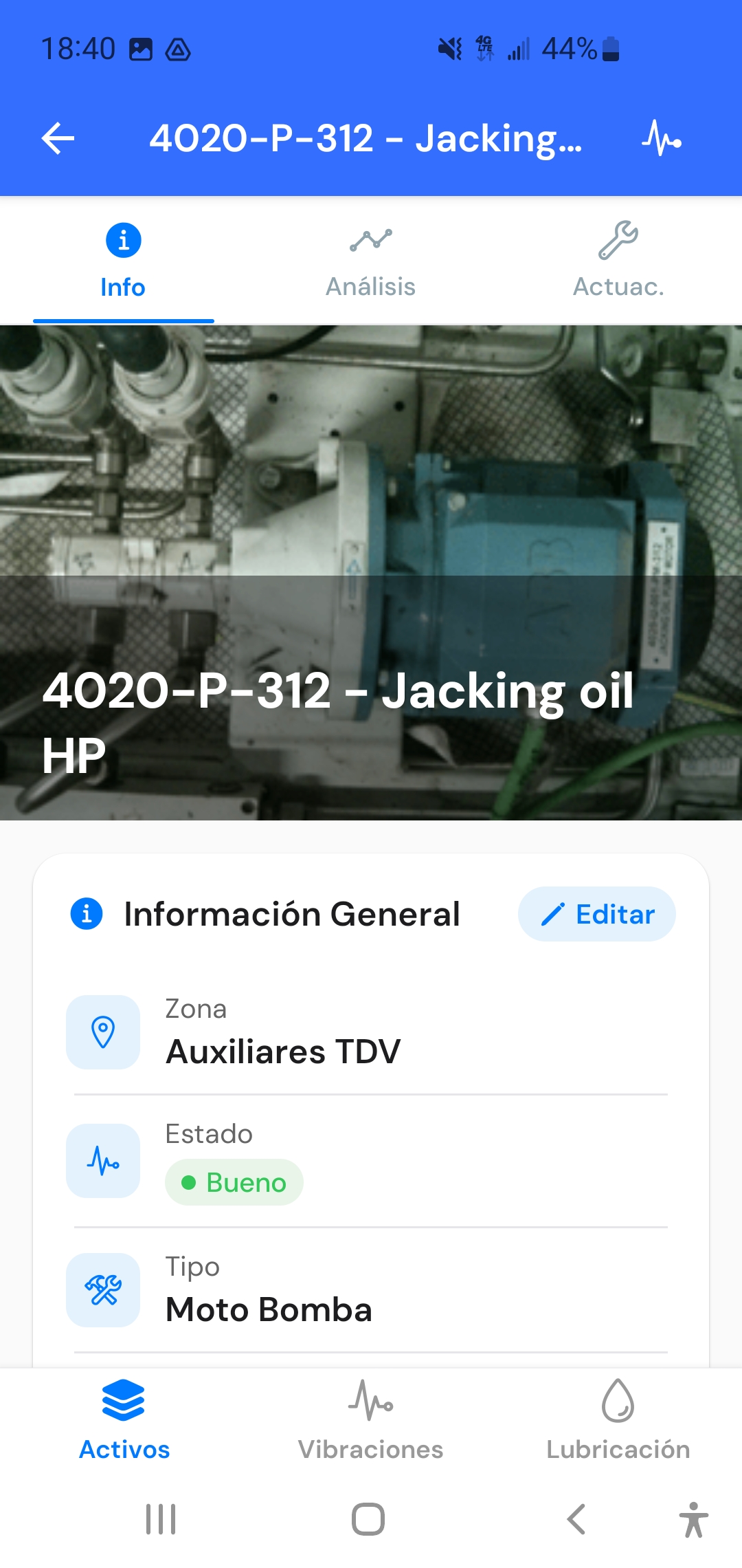 Ficha de información general del activo con foto y datos