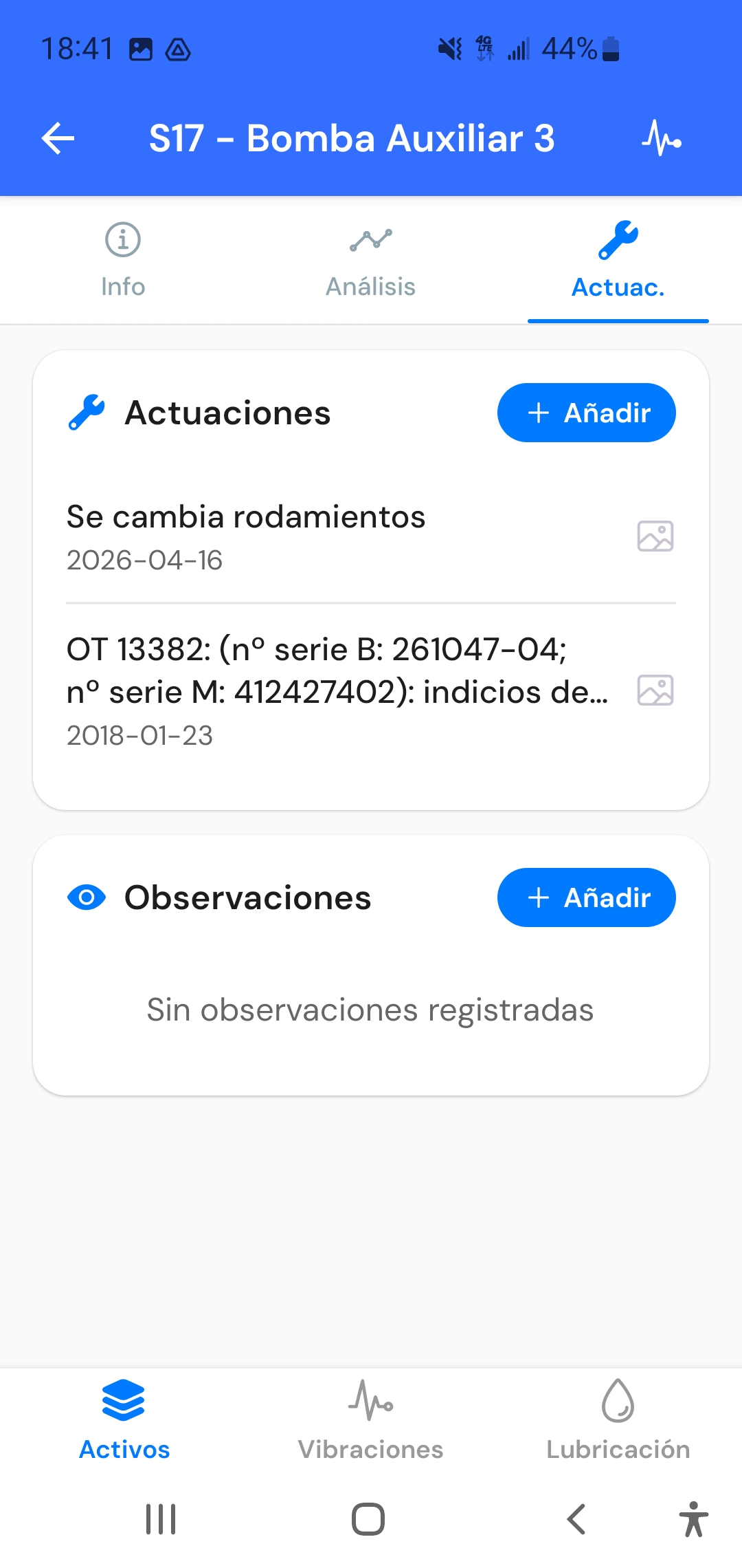 Pantalla de actuaciones e historial de mantenimiento del activo